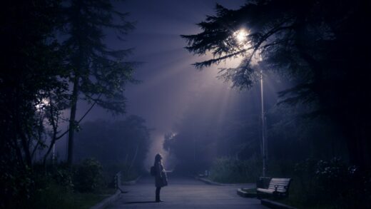 person looking at street lamp